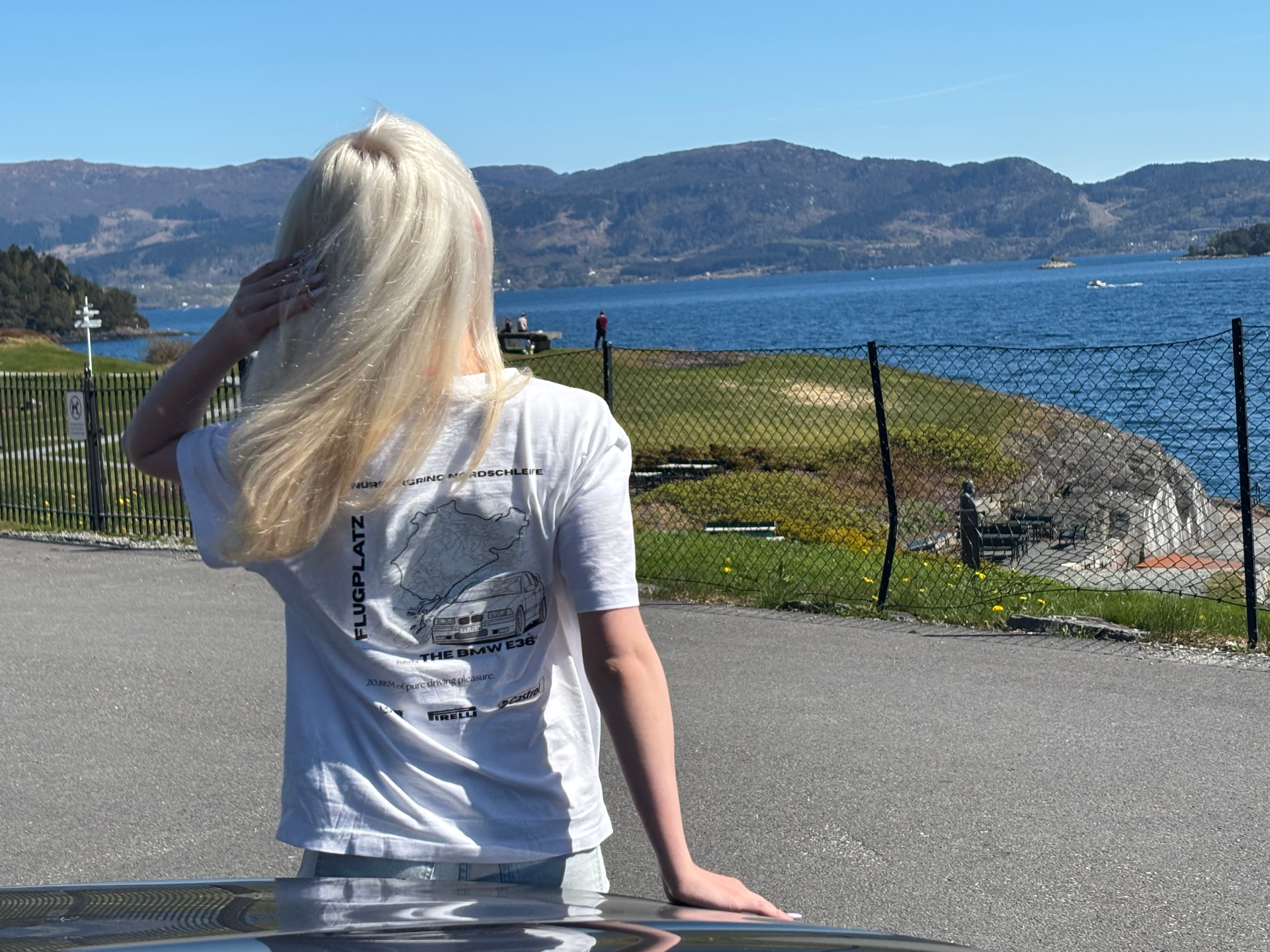 RINGWEAR Flugplatz BMW E36 tee worn overlooking a fjord near Bergen