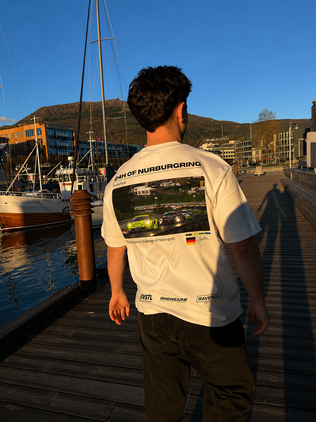 RINGWEAR Nürburgring BMW E36 tee worn in front of a black BMW E36